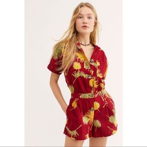 Free People Malibu Palm Leaf Island Romper in Maroon Combo Red NEW